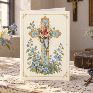 Cartão Cruz Floral Católica Vintage Floral Mariana