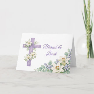 Cartão Cruz Floral de Lavanda Personalizada Abençoada & A