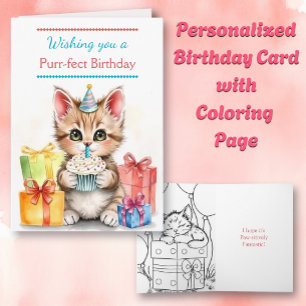 Cartão Cue Birthday Cat   Página de Coloração de dentro