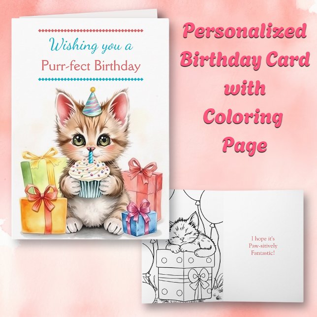Cartão Cue Birthday Cat | Página de Coloração de dentro (Criador carregado)
