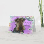 Cartão Cumprimento de Airedale Terrirer<br><div class="desc">Outra da borboleta beija a série com Airedale Terrier. Personalize este cartão com o pensamento de você, faltando o, obtenha o feliz aniversario logo bom através das milhas! Zazzle faz fácil personalizar seu artigo com palavras usando muitos estilos de pia batismal e colore ofertas de Zazzle! Se você o avalia...</div>