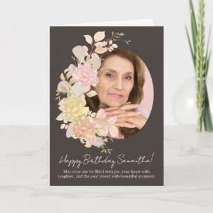Cartão Cumprimento de Aniversário com Moldura Floral Rosa
