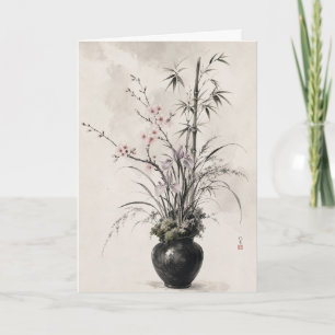 Cartão Cumprimento Floral Botânico Japonês Bambu Cerejeir