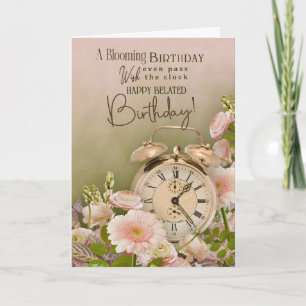 Cartão Cumprimento Floral de Aniversário Tardio Relógio V