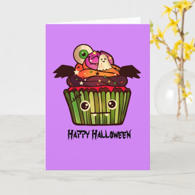 Cartão Cupcake Assustador de Halloween (Flor Amarela)