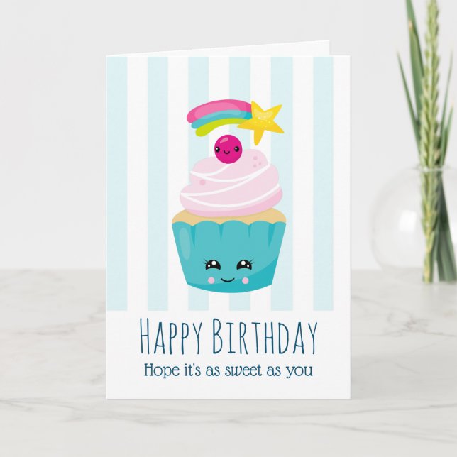 Cartão Cupcake azul bonito com a cara de Kawaii no aniver (Frente)