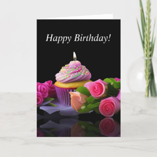 Cartão Cupcake de aniversário borrifado com Rosas de vela
