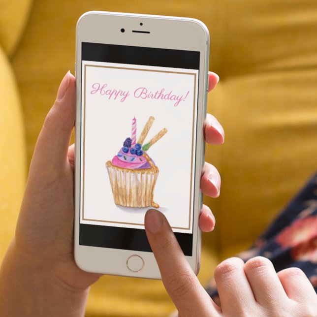 Cartão Cupcake de Aniversário com Vela de Aquarela de Fru (Instantly sweeten their day with this lovely cupcake card.)
