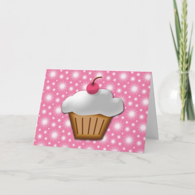 Cartão Cupcake de corte com cereja rosa no topo (Frente)