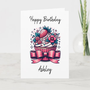 Cartão Cupcake de morango personalizado Feliz Aniversár