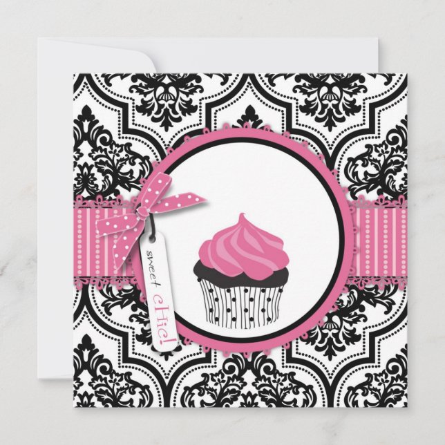 Cartão Cupcake e Damask Impressão de Aniversário (Frente)