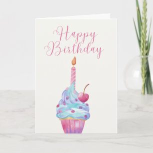 Cartão Cupcake Ilustrado Mão com uma Vela de Solteiro