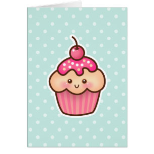 Cartão Cupcake rosa Kawaii e Bolinhas azuis de Casa Branc