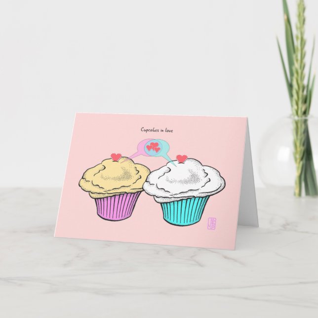 Cartão Cupcakes apaixonadosNamoradosVanillaPinkBlue (Frente)