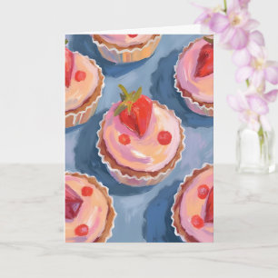 Cartão Cupcakes de Morango Aquarela de Frutas Comemorat