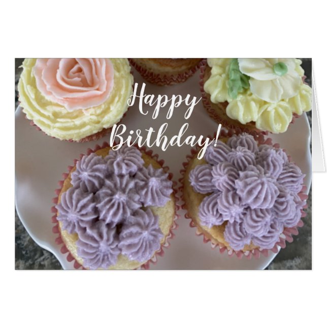 Cartão Cupcakes De Tubagem De Buttercreme Para O Seu Aniv (Frente Horizontal)