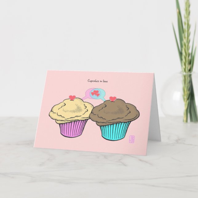 Cartão Cupcakes no AmorNamoradosAzulChocoPink (Frente)