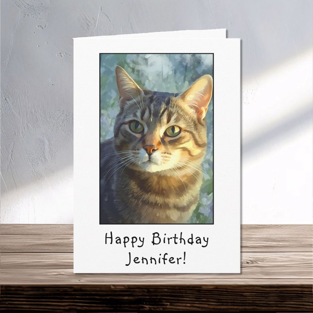 Cartão Curioso Tabby Cat Retrato Feliz Aniversário (Criador carregado)