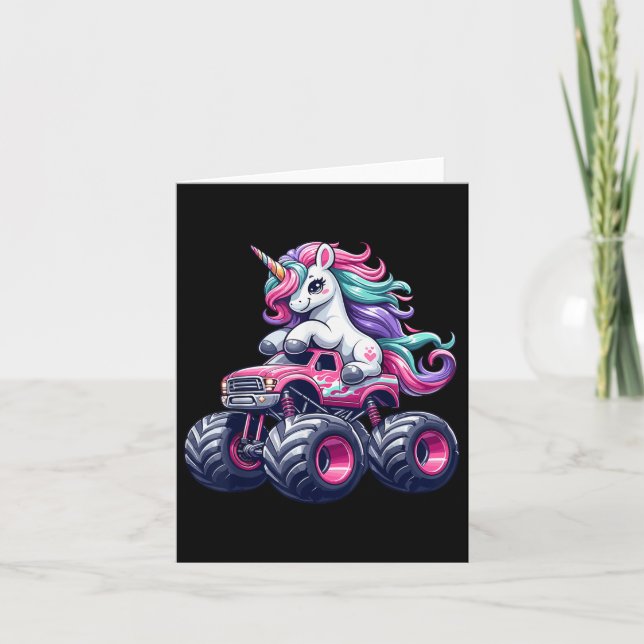 Cartão Curioso Unicórnio Que Dirige Um Monstro Rosa (Frente)