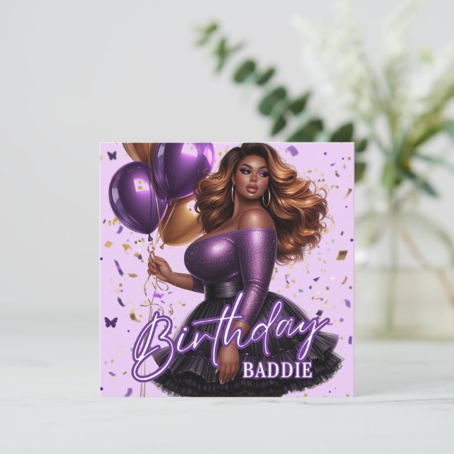 Cartão Curvy Glam African American Women Purple Birthday (Em pé/Frente)
