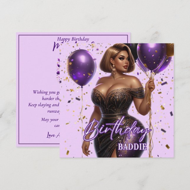 Cartão Curvy Glam African American Women Purple Birthday (Frente/Verso)