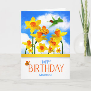 Cartão Custom Birthday Daffodils and Hummingbird