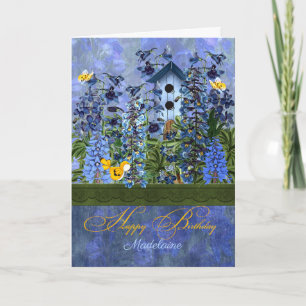 Cartão Custom Birthday Larkspur Garden with Birdhouse
