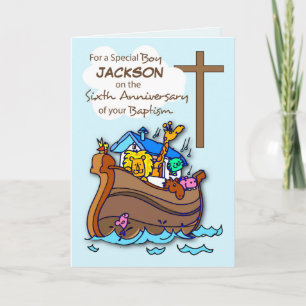 Cartão Custom Name Sixth Anniversary of Baptism Boy Ark