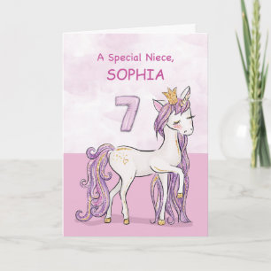 Cartão Custom Nane Niece 7th Birthday Pink Horse w/ Crown