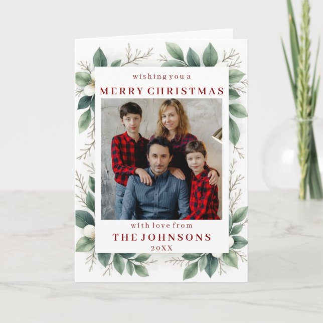 Cartão Custom Photo Elegant Winter Greenery Frame (Frente)