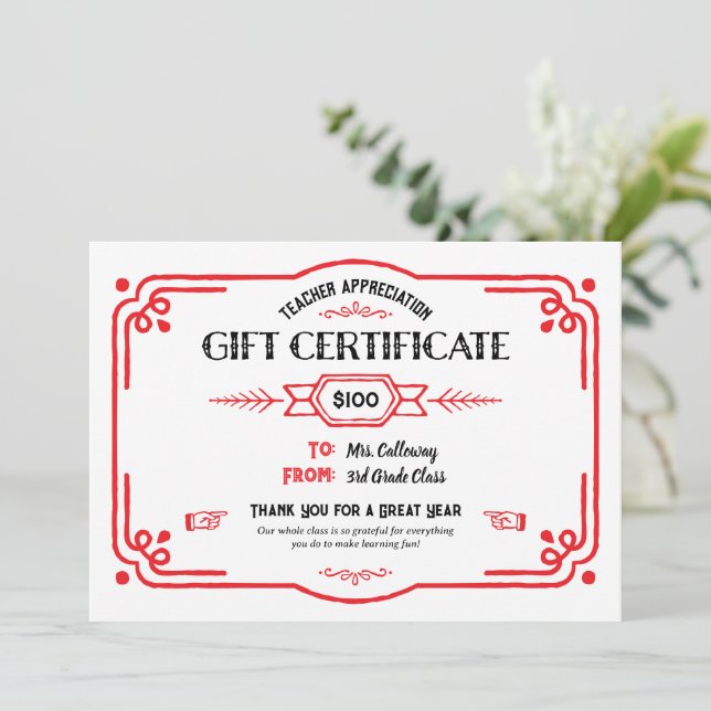 Cartão Custom Teacher Appreciation Gift Certificate (Em pé/Frente)