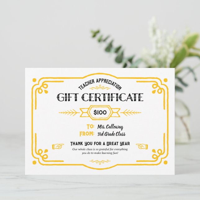 Cartão Custom Teacher Appreciation Gift Certificate (Em pé/Frente)