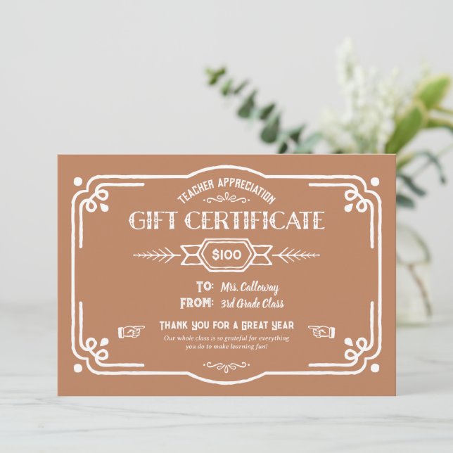 Cartão Custom Teacher Appreciation Gift Certificate Card (Em pé/Frente)