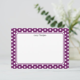 Cartão Custom Whimsical Paw Print Polka Dot Purple Note
