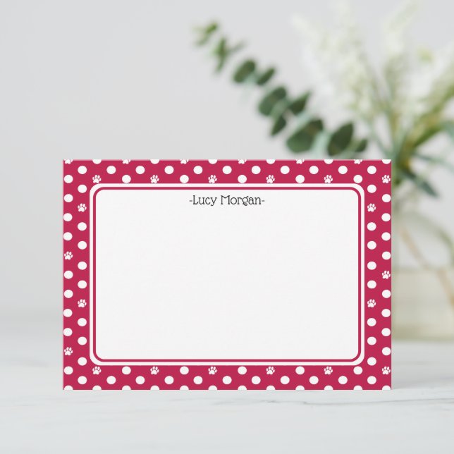 Cartão Custom Whimsical Paw Print Polka Dot Red Note (Em pé/Frente)