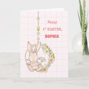 Cartão Customize Name First Easter Bunny on Flower Swing