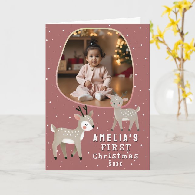 Cartão Cute Baby's 1st Christmas Photo Reindeer Holiday (Flor Amarela)