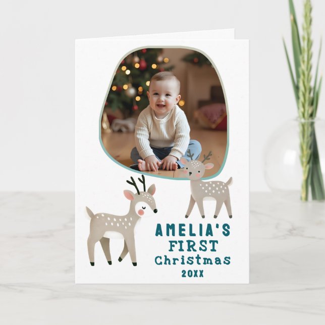 Cartão Cute Baby's 1st Christmas Photo Reindeer Holiday (Frente)
