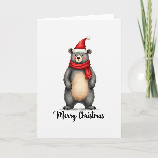 Cartão Cute Bear Santa Hat Scarf Merry Christmas Card Art (Frente)