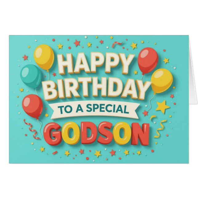 Cartão Cute Birthday Balloons & Confetti Card for Godson (Frente Horizontal)