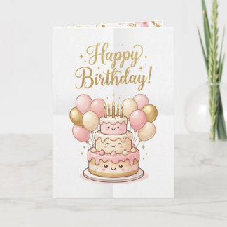 Cartão Cute Birthday Card | Pink & Gold Cake Balloons🎉