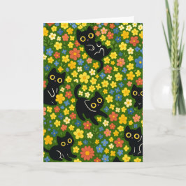Cartão Cute Black Cats Floral Meadow Pattern