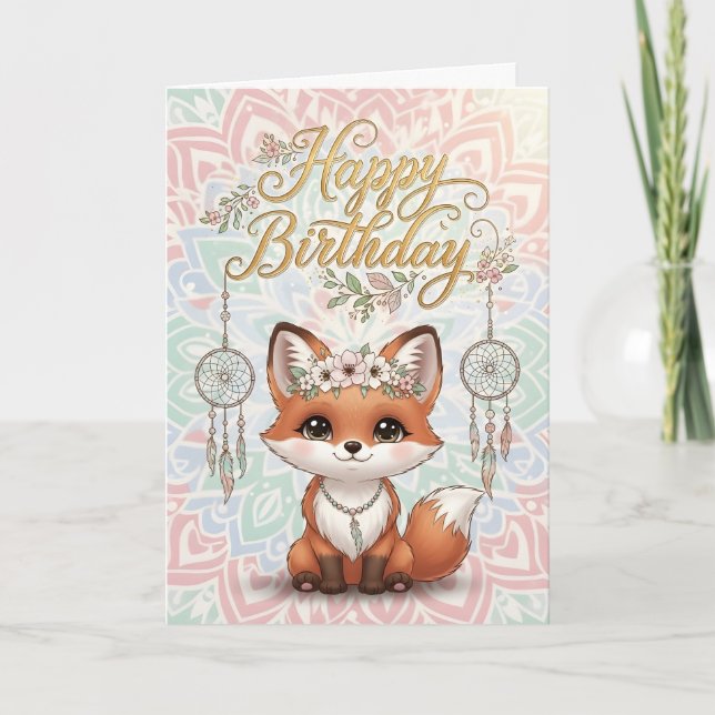 Cartão Cute Boho Fox Happy Birthday Card with Dreamcatche (Frente)