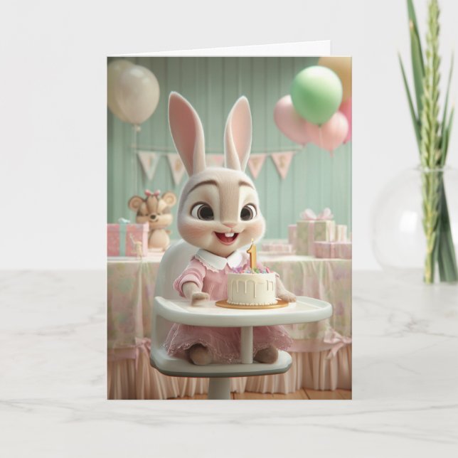 Cartão Cute Bunny Girl's First Birthday Smash Cake (Frente)