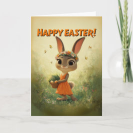 Cartão Cute Bunny in Orange Dress with Easter Basket