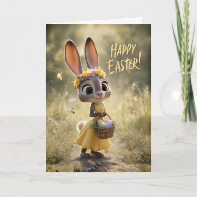 Cartão Cute Bunny in Yellow w/ Happy Easter Basket (Frente)