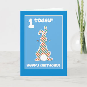 Cartão Cute Bunny Rabbit on Blue 1st Birthday Greeting