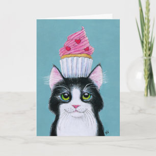 Cartão Cute cat with cupcake birthday greeting card
