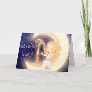 Cartão Cute Chibi girl playing harp on the moon birthday