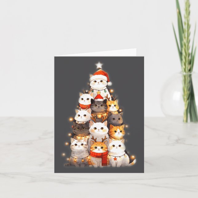 Cartão Cute Christmas Cats Tree Lights Holiday Kittens Il (Frente)
